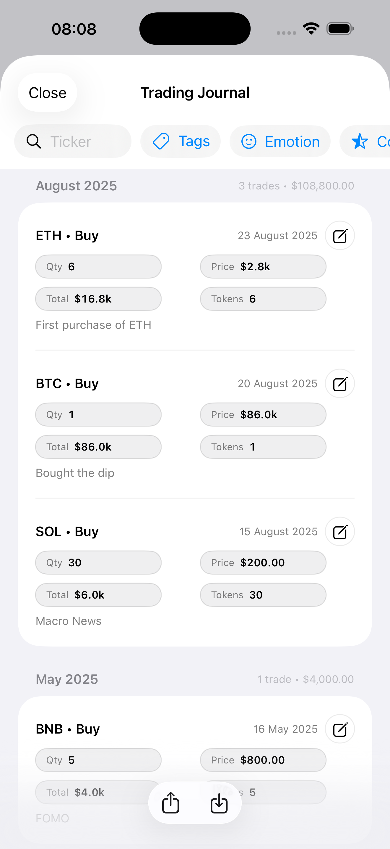 Portfolio & Journal screen